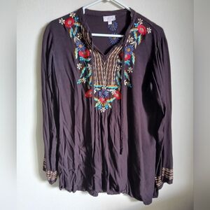 LUV2LUV tunic blouse Size Large Brown Embrodiered Tie Neck